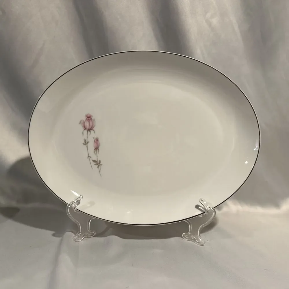 Vintage Large Oval Serving Platter Pink Roses 50s Shabby Chic 16 x 12